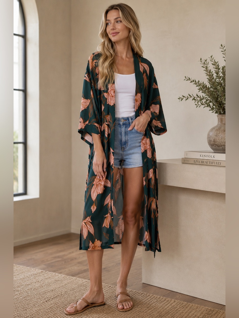 A New Day Floral Belted Kimono Robe OSFM New Without Tags